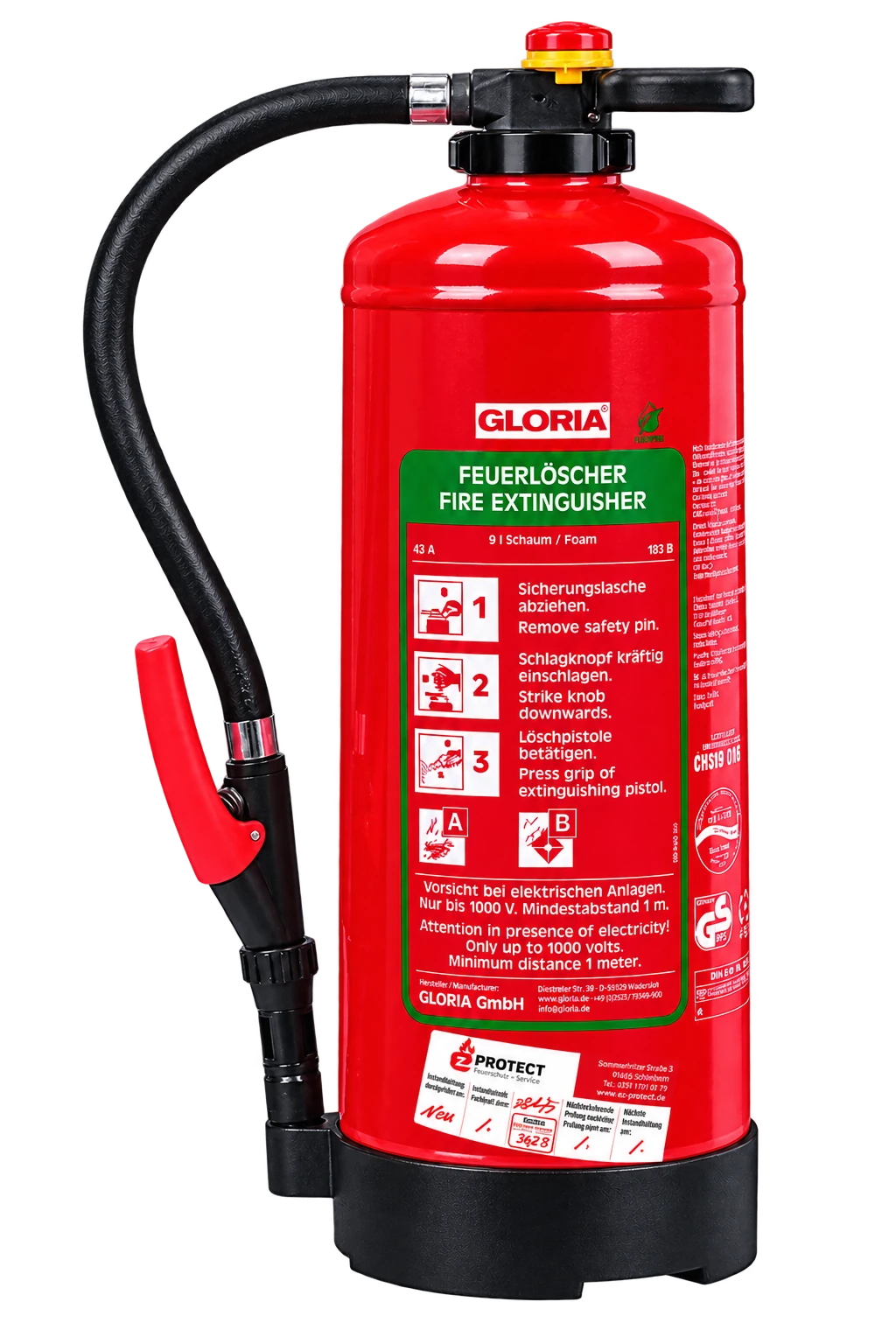 GLORIA-Schaumfeuerlöscher mit EZ-Protect-Kontrollaufkleber